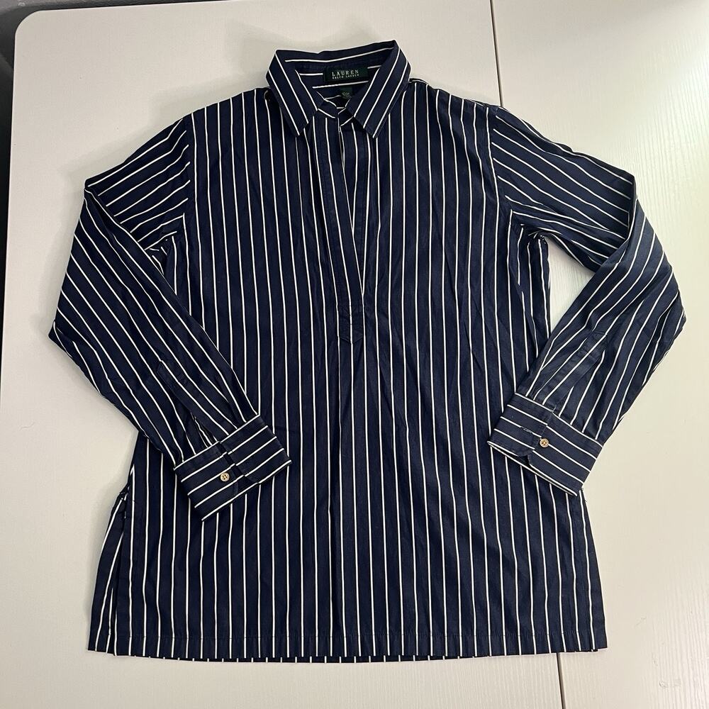 Lauren Ralph Lauren Women's Striped Collar VNeck Blouse Size M 100% Cotton Blue